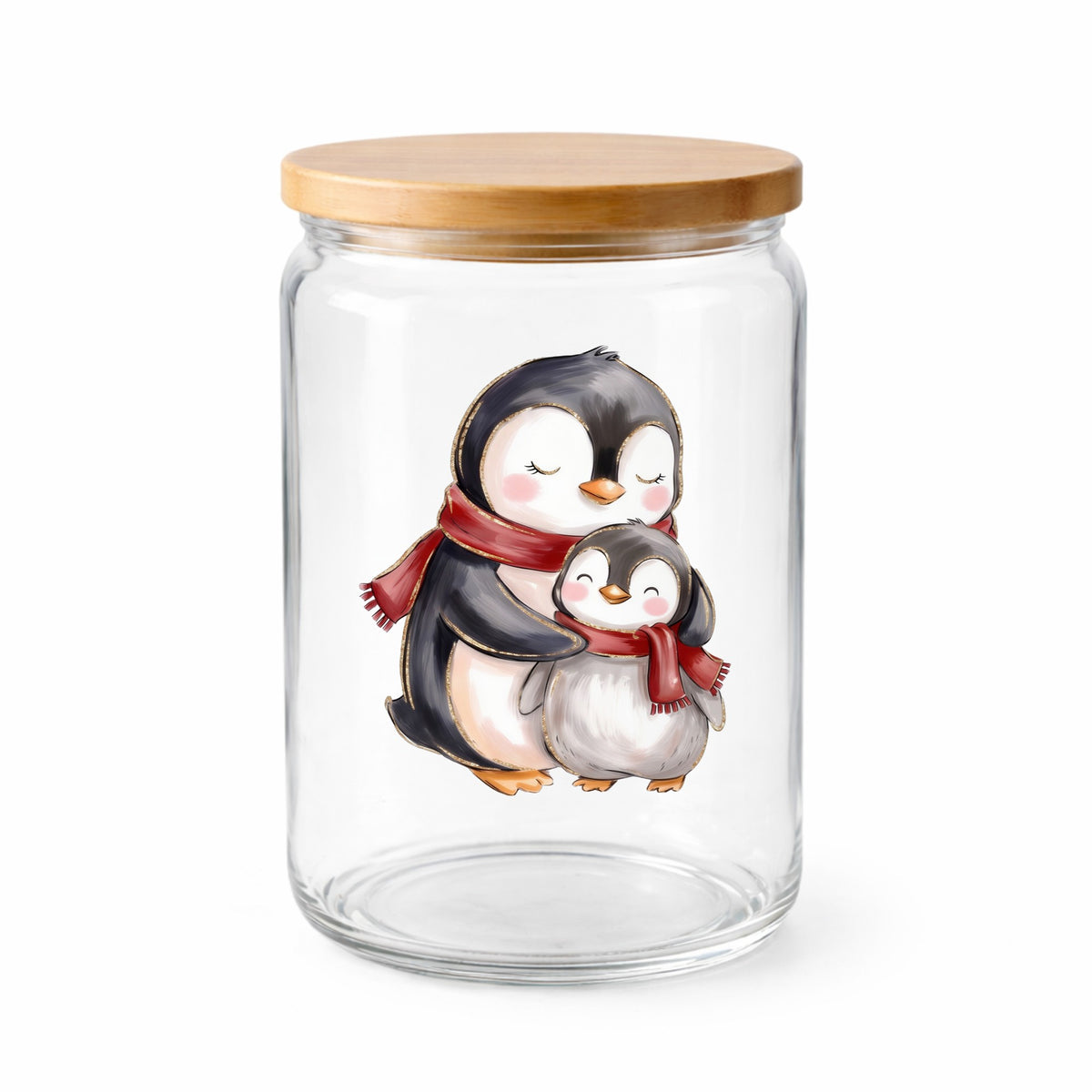 Mama And Baby Penguin In Red Scarves UV DTF sticker applied to a clear glass jar with a wooden lid