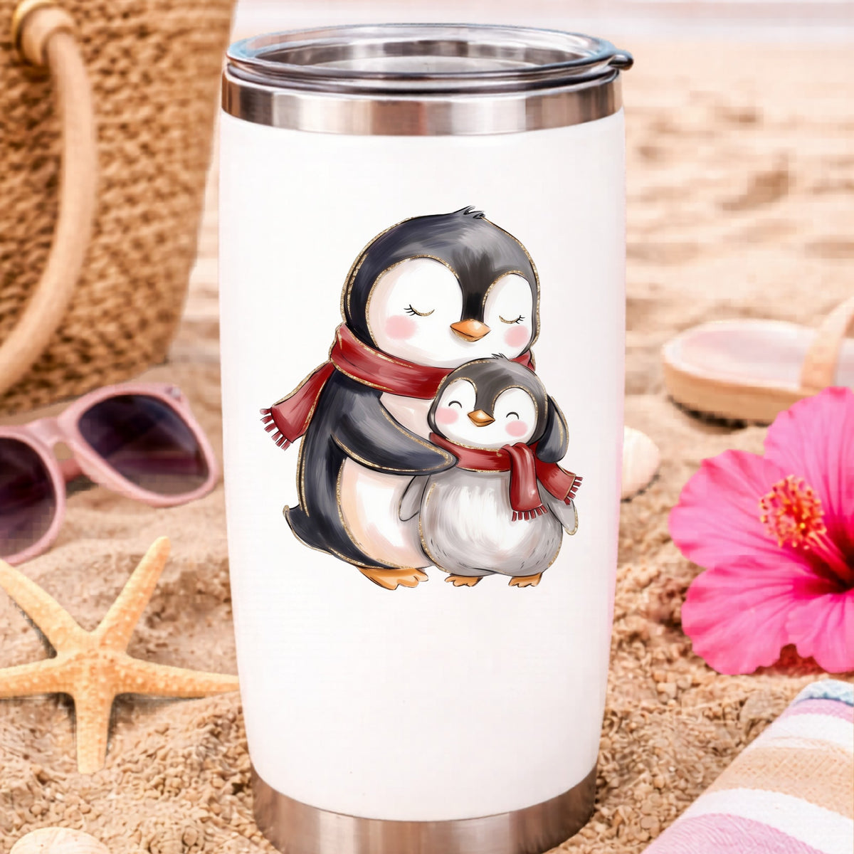 Mama And Baby Penguin In Red Scarves UV DTF sticker applied to a white travel tumbler on beach sand