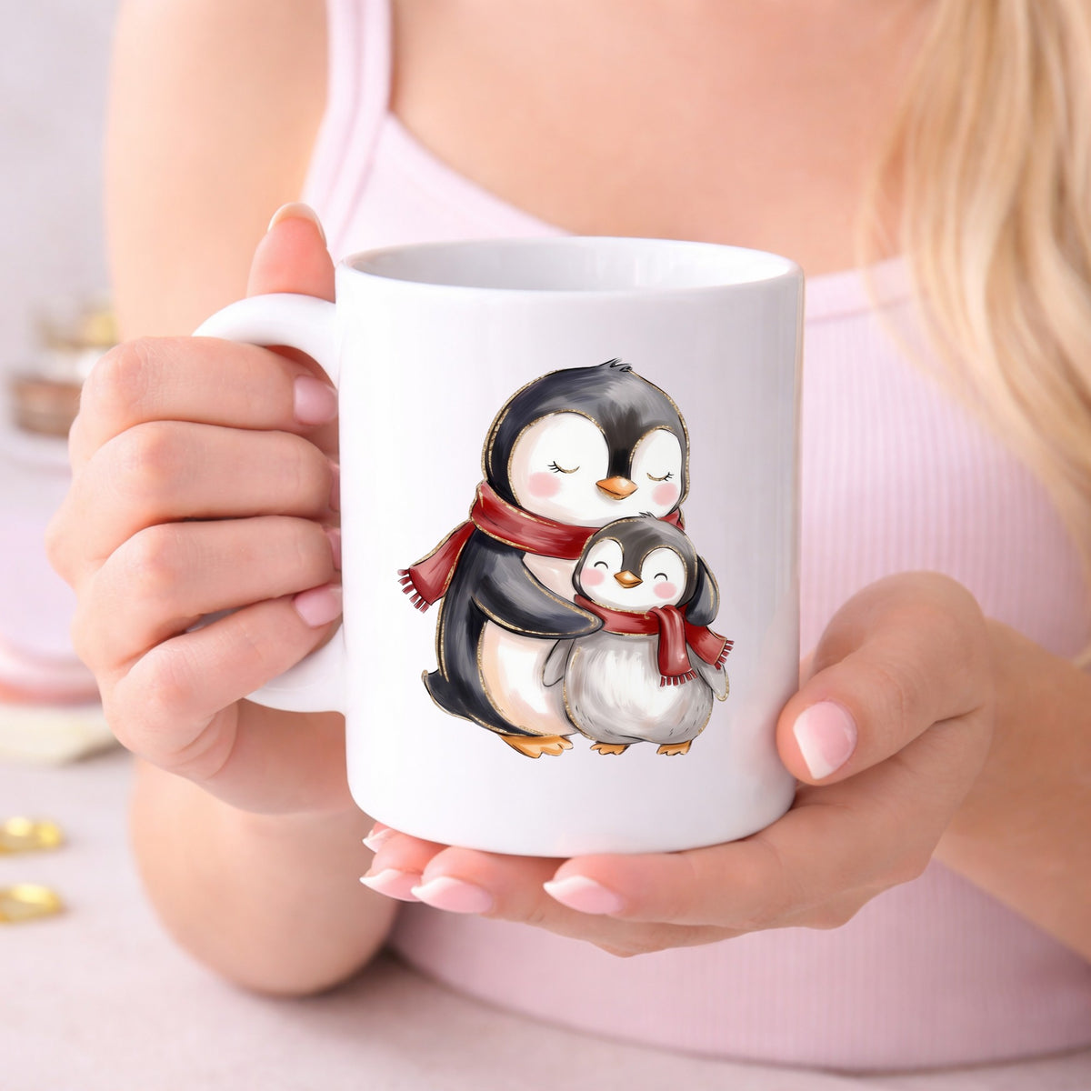 Mama And Baby Penguin In Red Scarves UV DTF sticker applied to a white coffee mug held in both hands