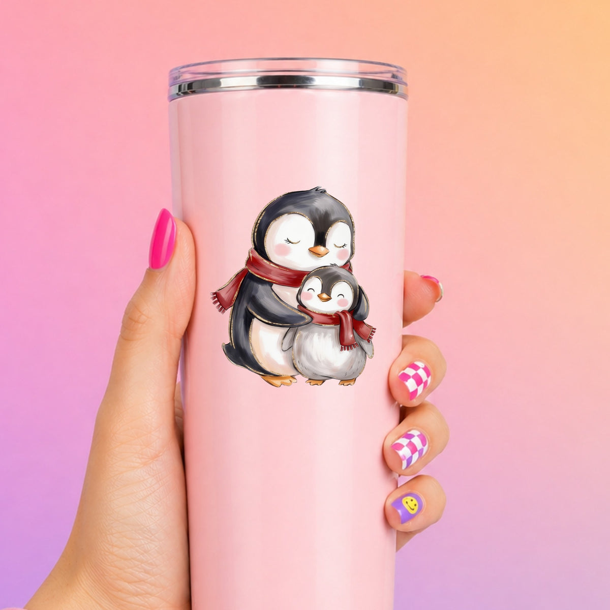 Mama And Baby Penguin In Red Scarves UV DTF sticker applied to a tall pink tumbler on a pink and orange background