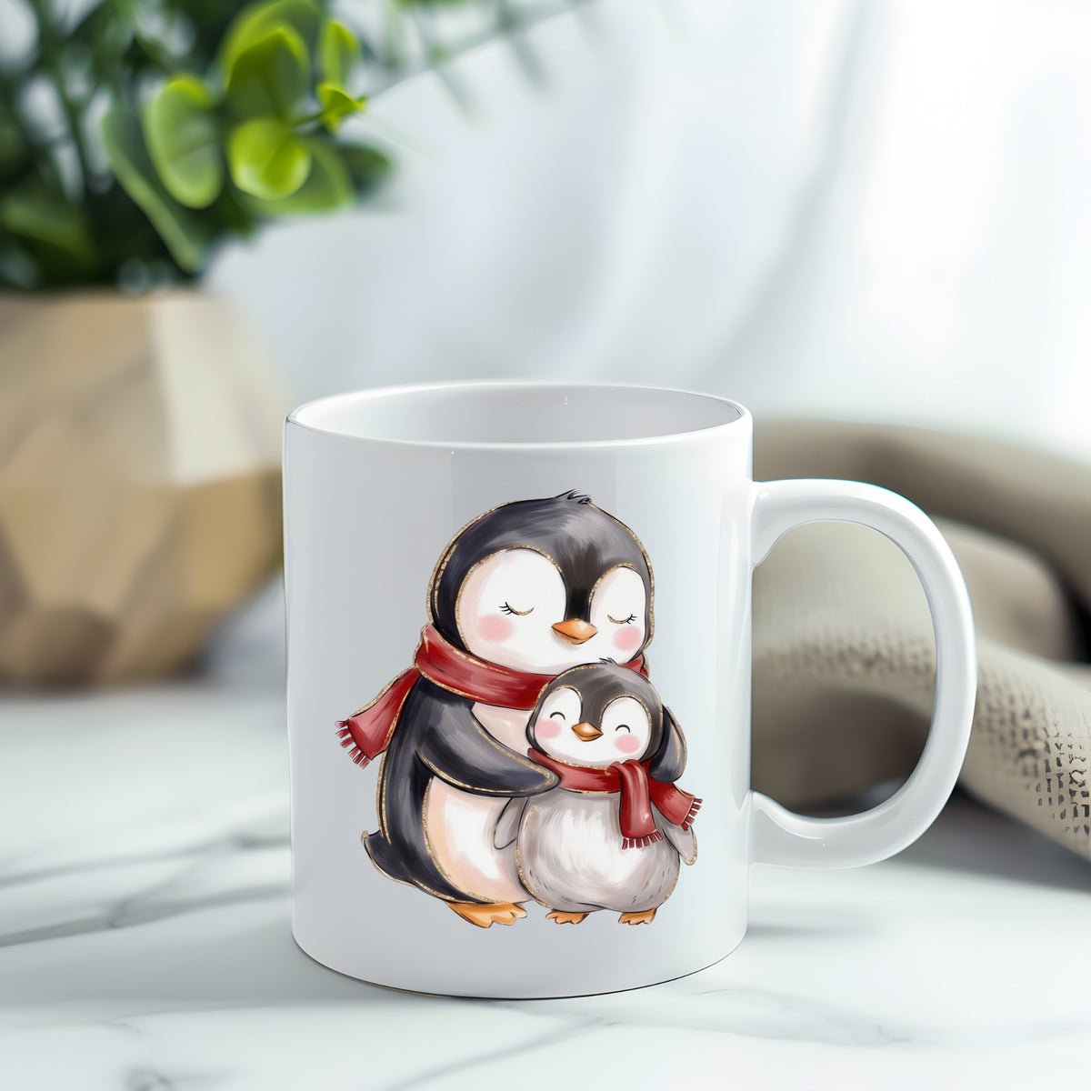 Mama And Baby Penguin In Red Scarves UV DTF sticker applied to a white coffee mug