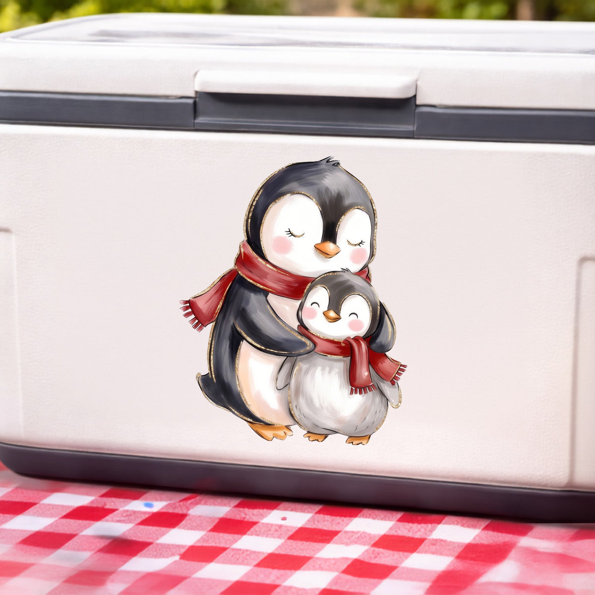 Mama And Baby Penguin In Red Scarves UV DTF sticker applied to a white cooler on a red gingham cloth
