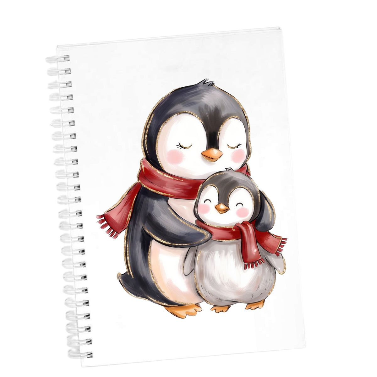 Mama And Baby Penguin In Red Scarves UV DTF sticker applied to the cover of a white spiral journal