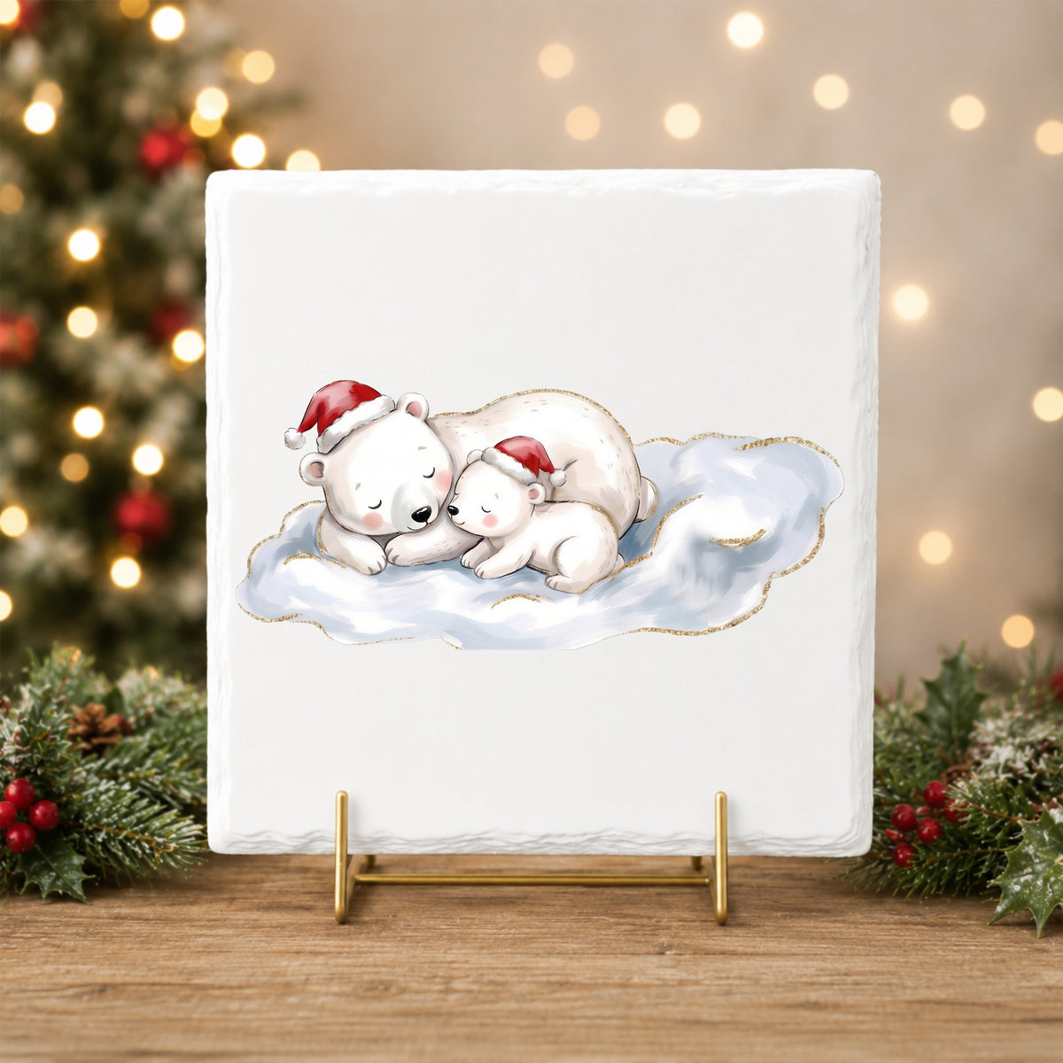 Sleeping Polar Bear And Cub In Santa Hats UV DTF sticker applied to a white tile on a gold stand