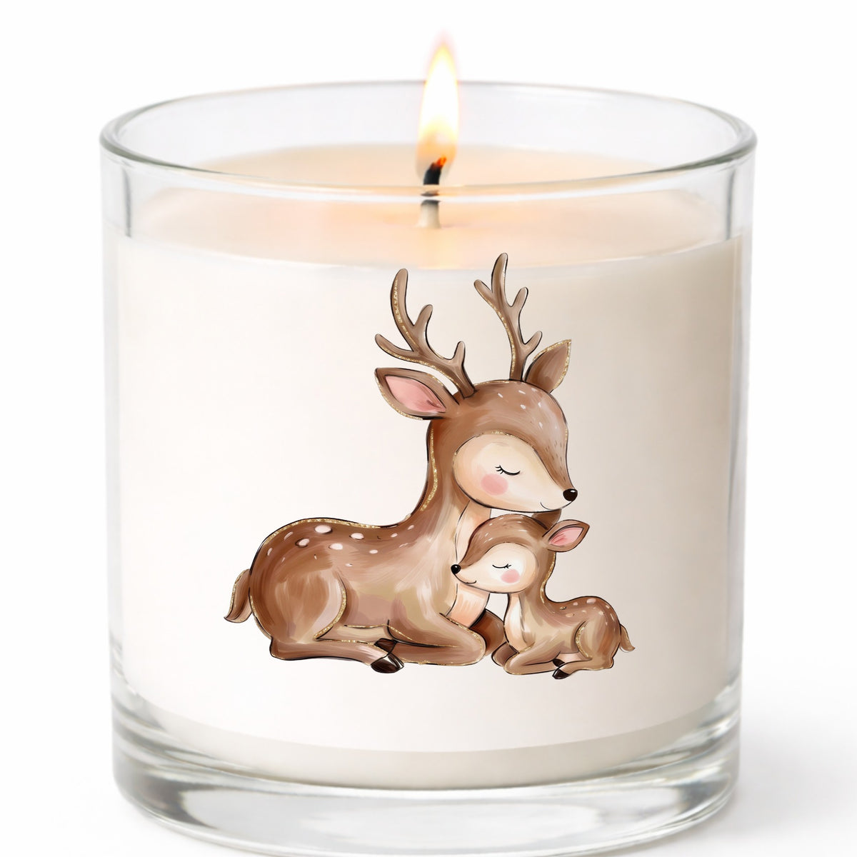 Mother Deer And Fawn UV DTF sticker applied to a white candle in a clear glass jar