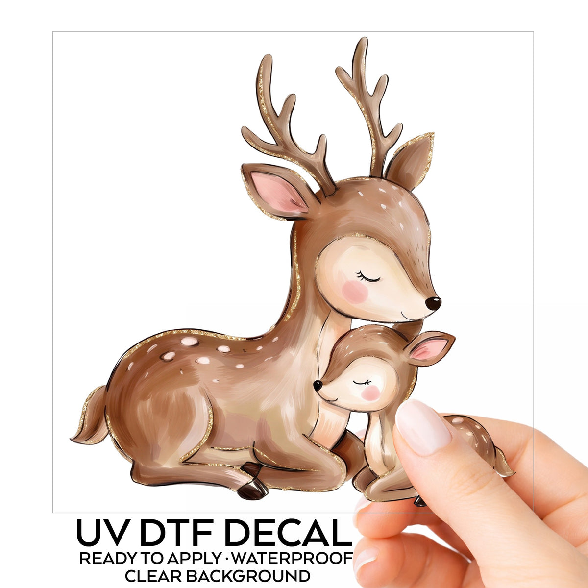Mother Deer And Fawn UV DTF sticker on its backing card, held in hand