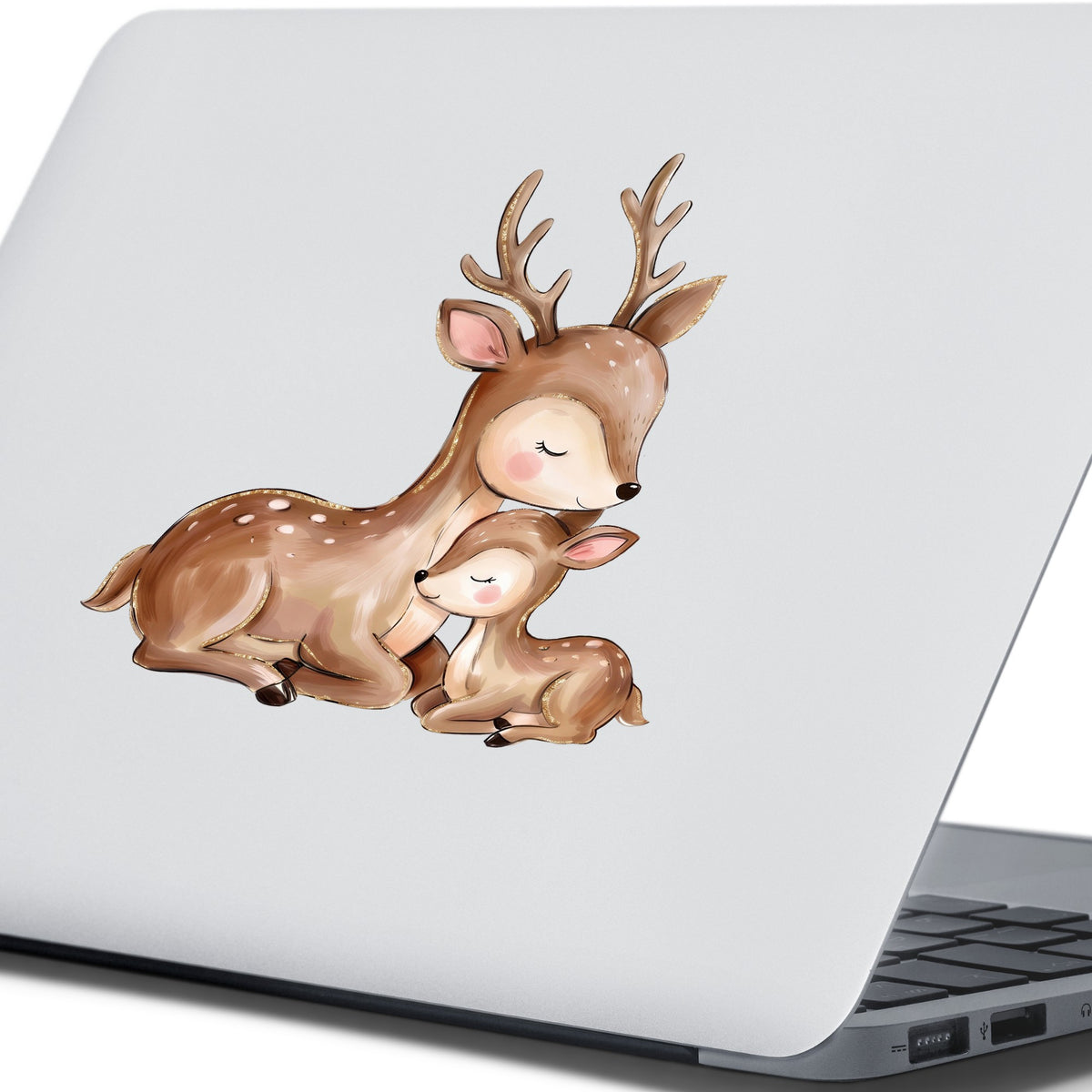 Mother Deer And Fawn UV DTF sticker applied to the lid of a silver laptop