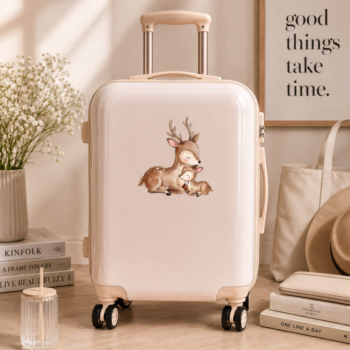 Mother Deer And Fawn UV DTF sticker applied to a cream carry-on suitcase