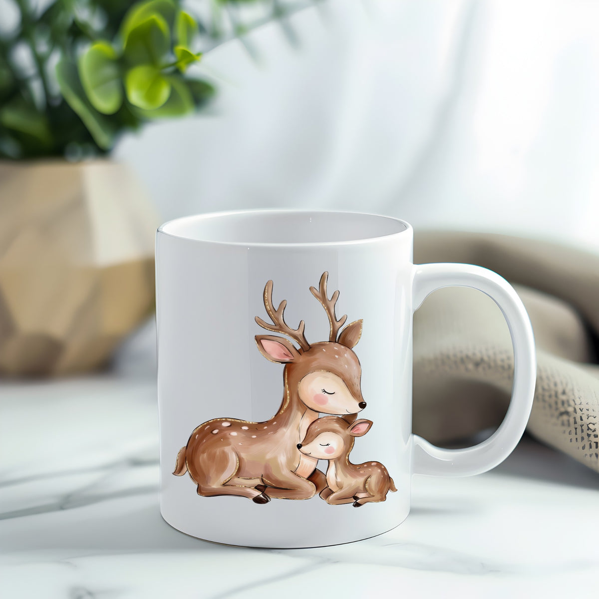 Mother Deer And Fawn UV DTF sticker applied to a white coffee mug