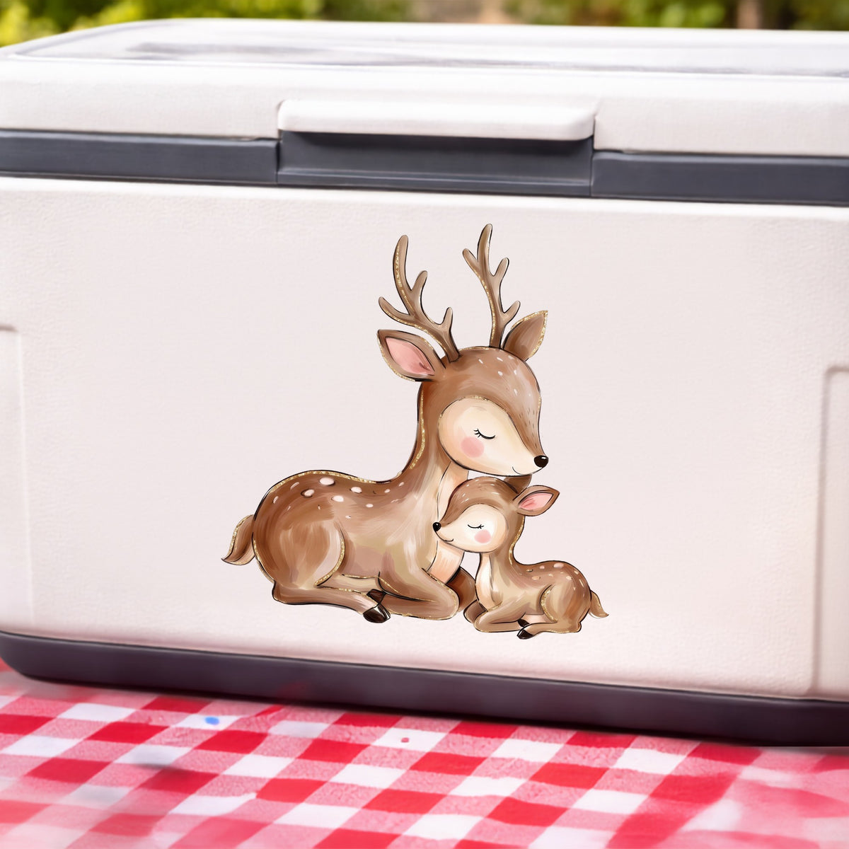 Mother Deer And Fawn UV DTF sticker applied to a white cooler on a red gingham cloth