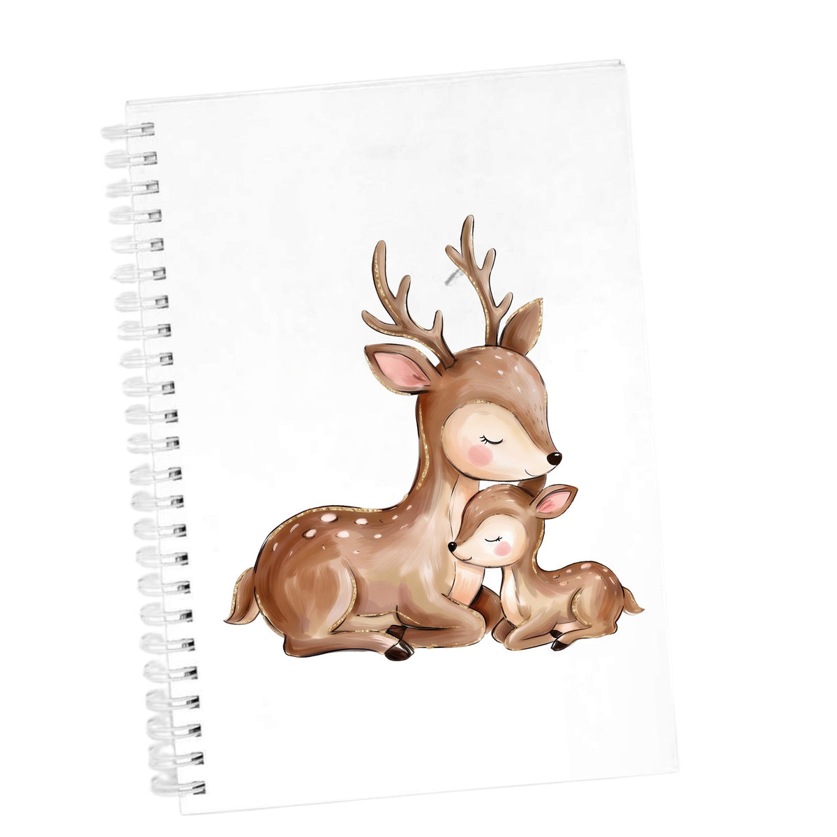 Mother Deer And Fawn UV DTF sticker applied to the cover of a white spiral journal
