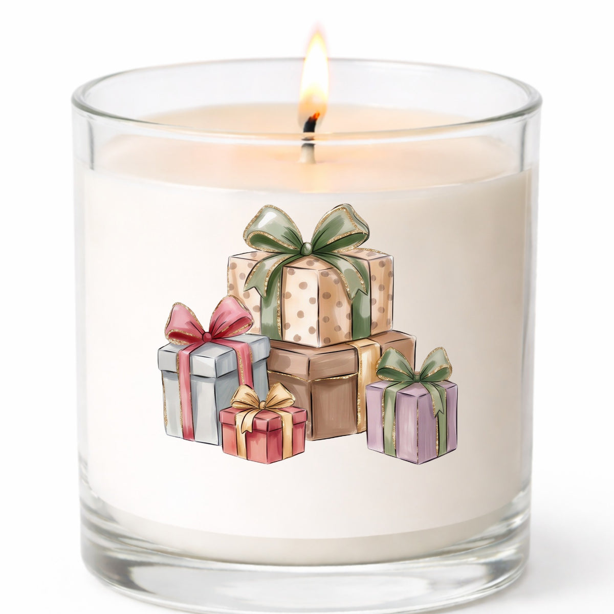 Pastel Gift Box Stack UV DTF sticker applied to a white candle in a clear glass jar