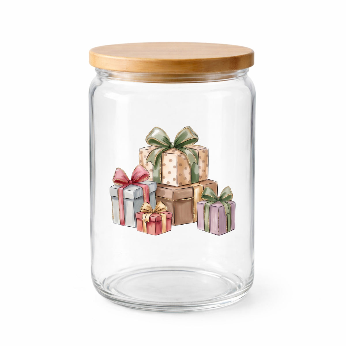 Pastel Gift Box Stack UV DTF sticker applied to a clear glass jar with a wooden lid