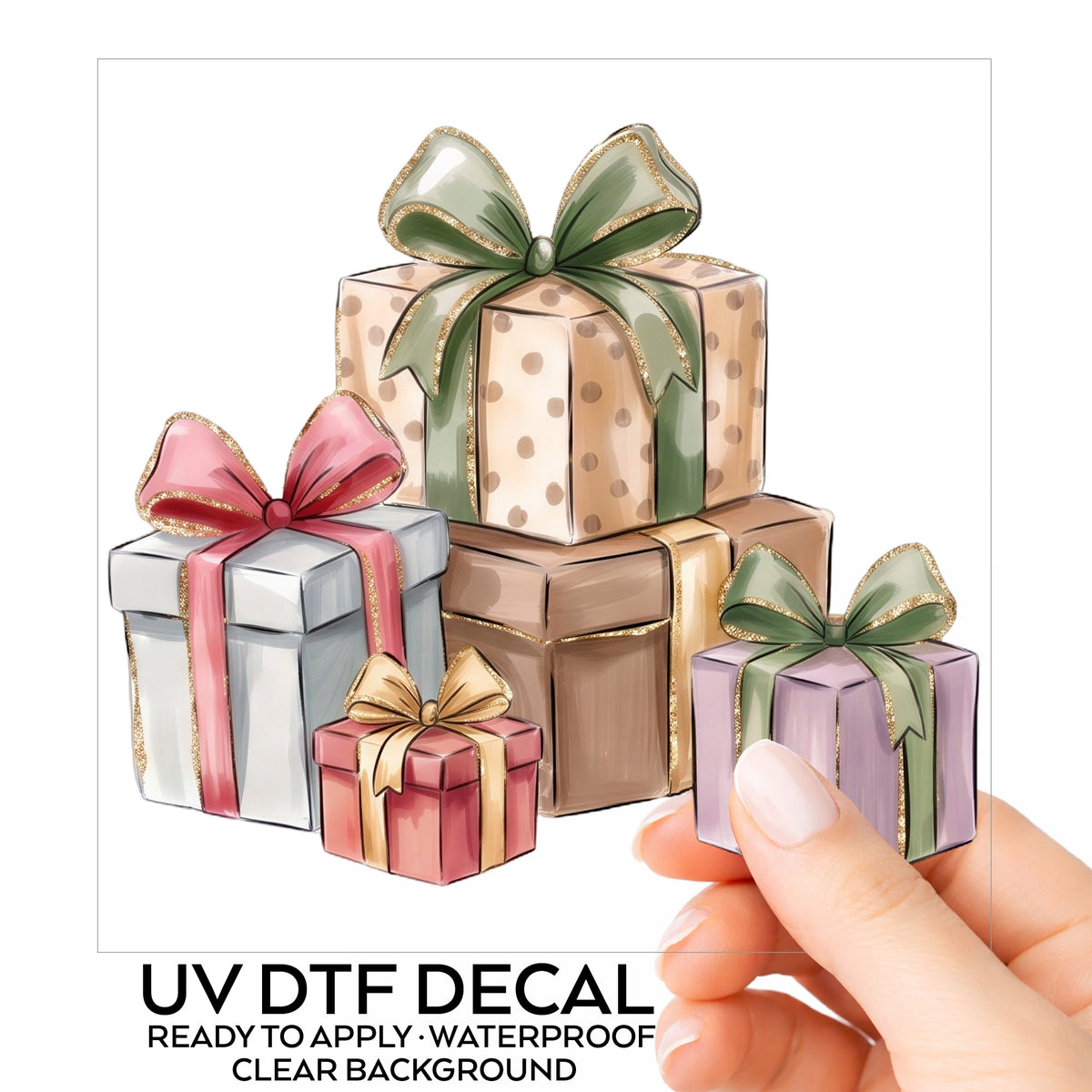 Pastel Gift Box Stack UV DTF sticker on its backing card, held in hand