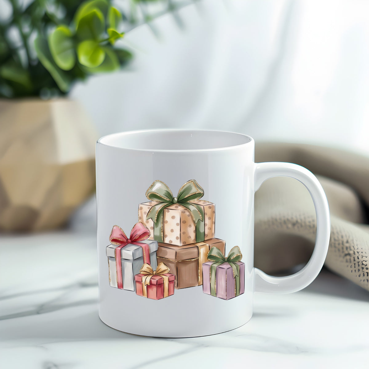 Pastel Gift Box Stack UV DTF sticker applied to a white coffee mug