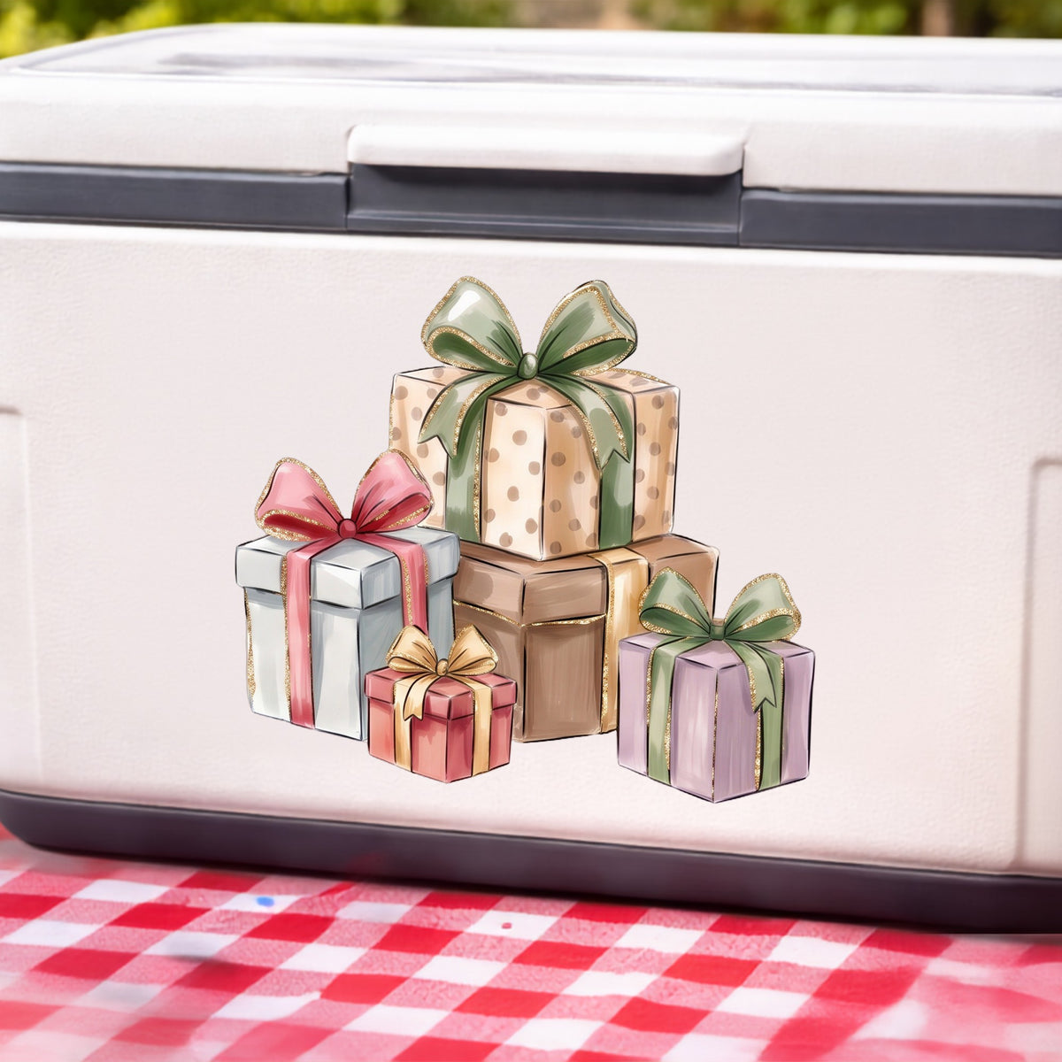 Pastel Gift Box Stack UV DTF sticker applied to a white cooler on a red gingham cloth
