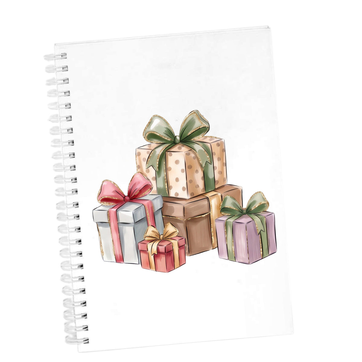 Pastel Gift Box Stack UV DTF sticker applied to the cover of a white spiral journal