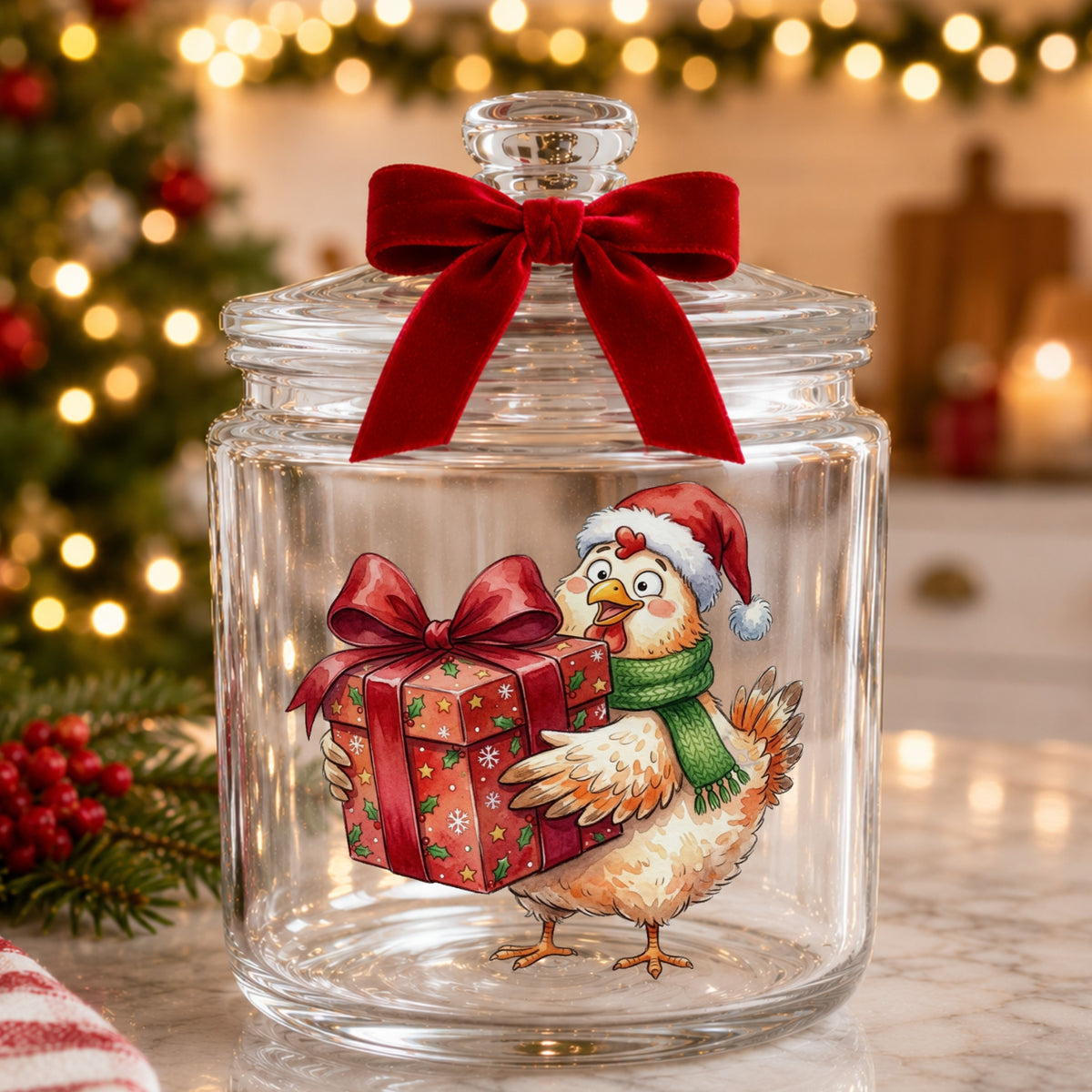 Chicken Carrying Red Christmas Gift UV DTF sticker applied to a glass candy jar tied with a red bow