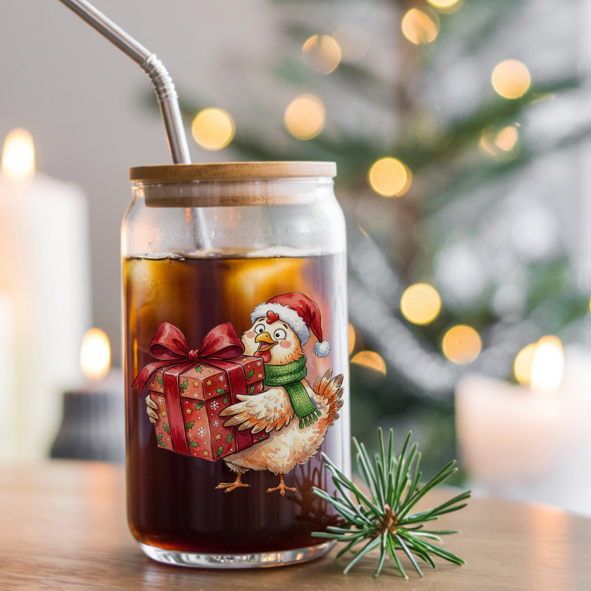 Chicken Carrying Red Christmas Gift UV DTF sticker applied to a glass can cup of iced coffee with a straw
