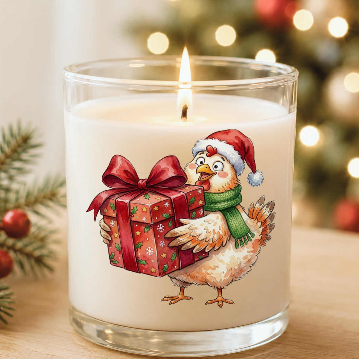 Chicken Carrying Red Christmas Gift UV DTF sticker applied to a white candle in a glass holder near Christmas lights