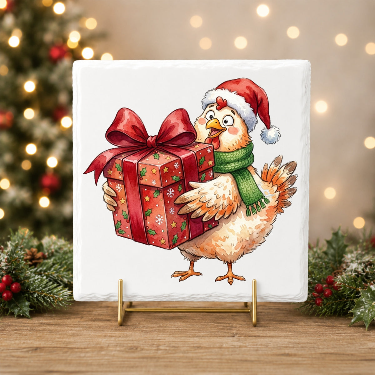 Chicken Carrying Red Christmas Gift UV DTF sticker applied to a white tile on a gold stand