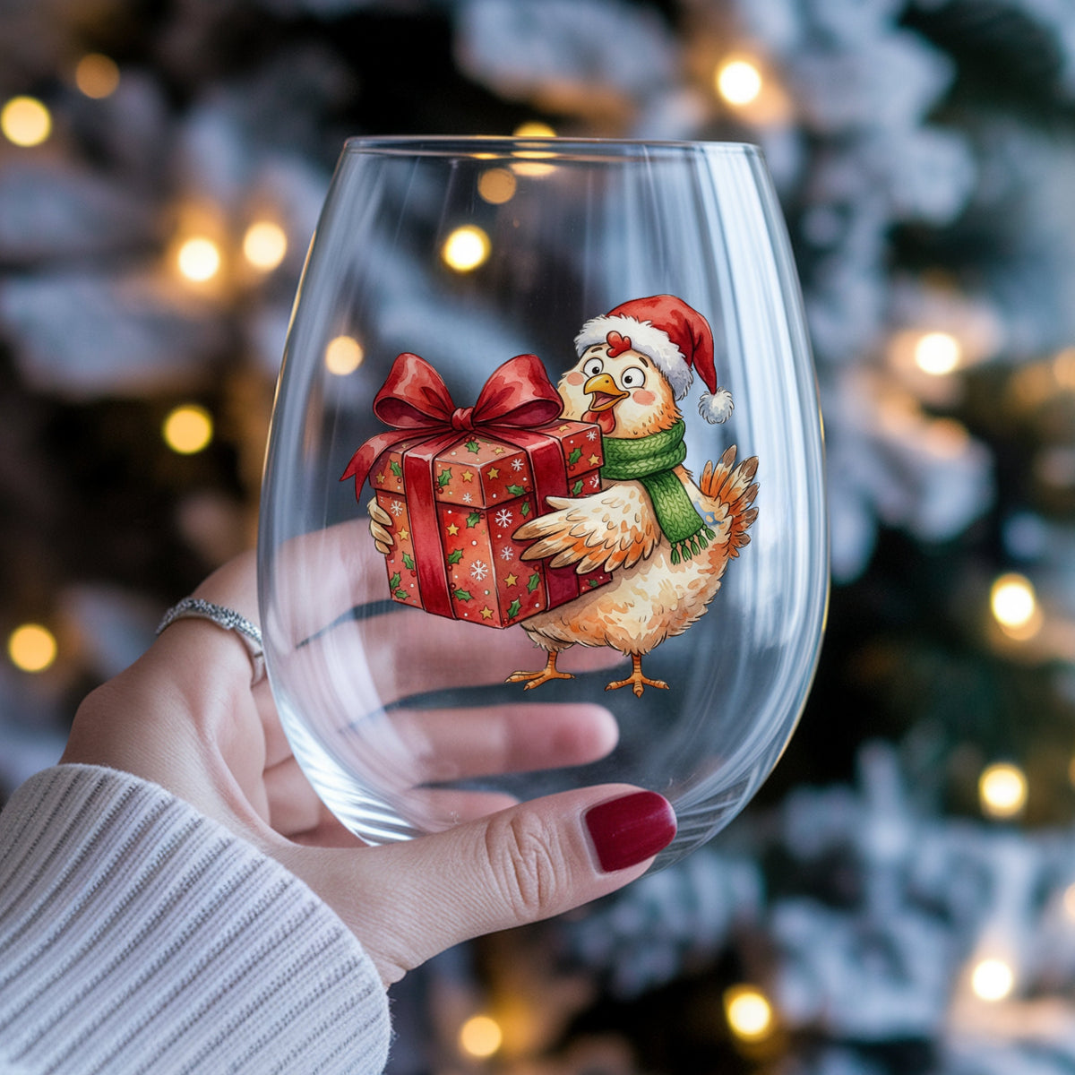 Chicken Carrying Red Christmas Gift UV DTF sticker applied to a stemless wine glass held in hand