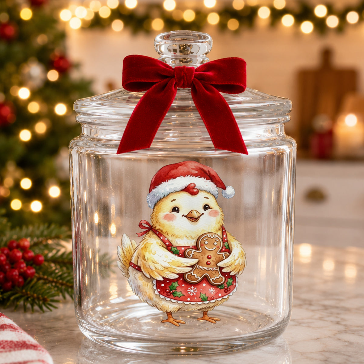 Chicken In Apron With Gingerbread Cookie UV DTF sticker applied to a glass candy jar tied with a red bow