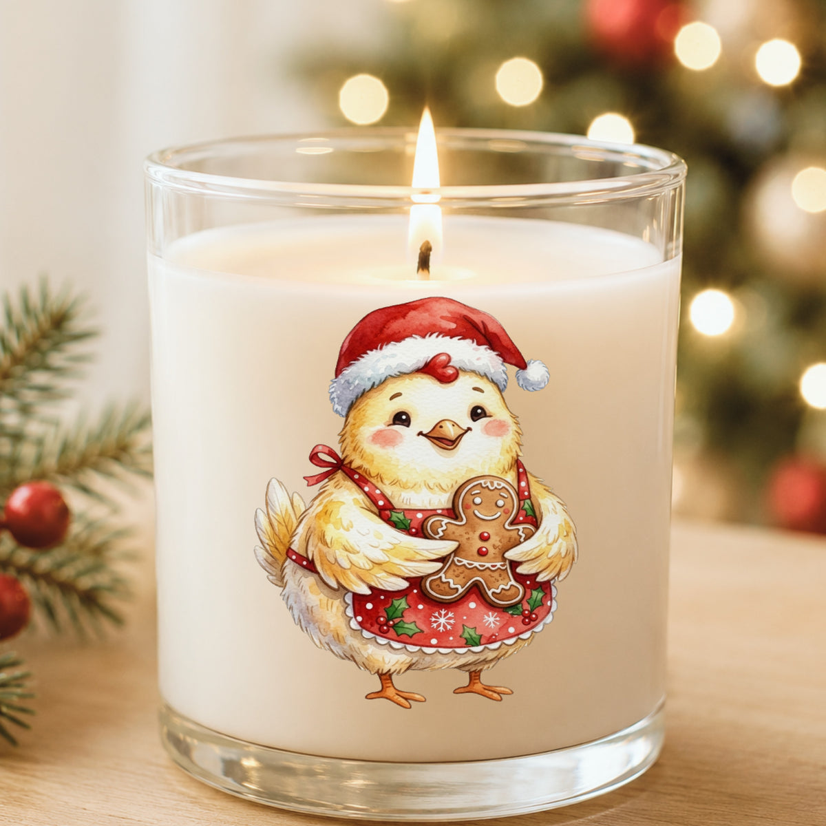 Chicken In Apron With Gingerbread Cookie UV DTF sticker applied to a white candle in a glass holder near Christmas lights