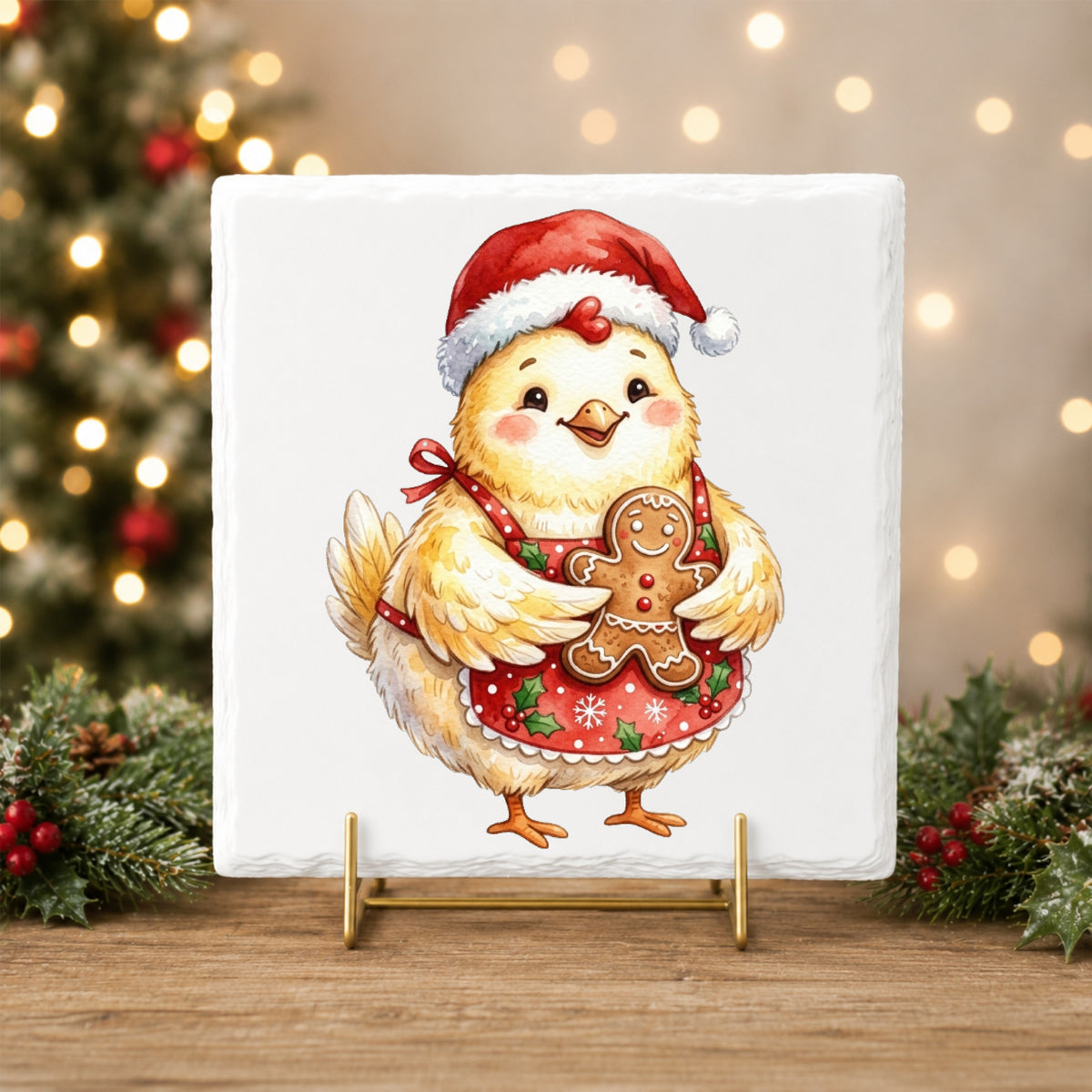 Chicken In Apron With Gingerbread Cookie UV DTF sticker applied to a white tile on a gold stand