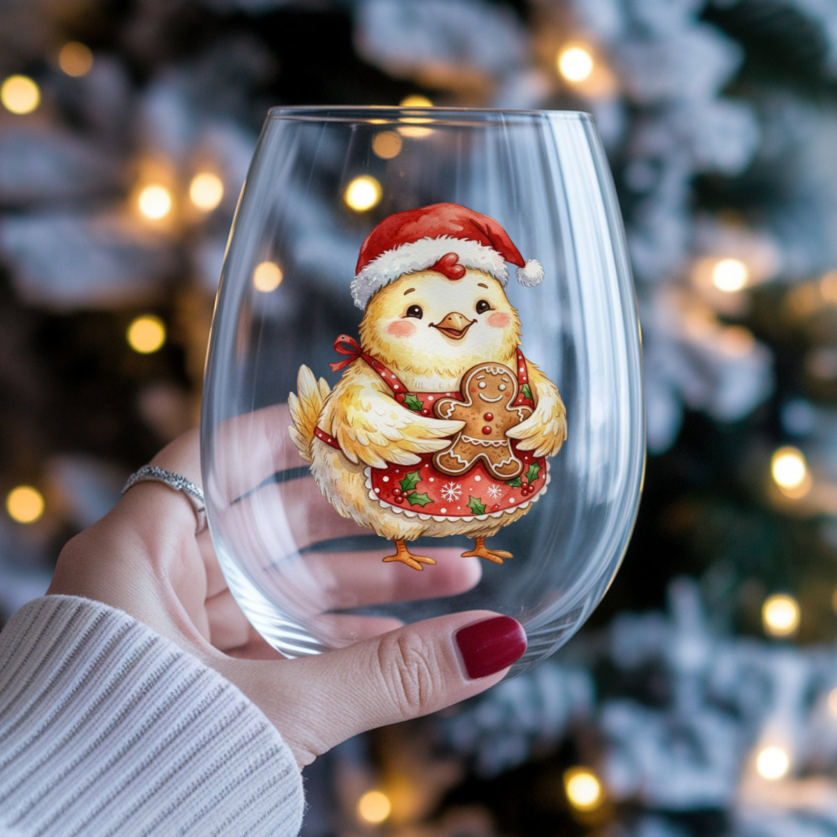 Chicken In Apron With Gingerbread Cookie UV DTF sticker applied to a stemless wine glass held in hand