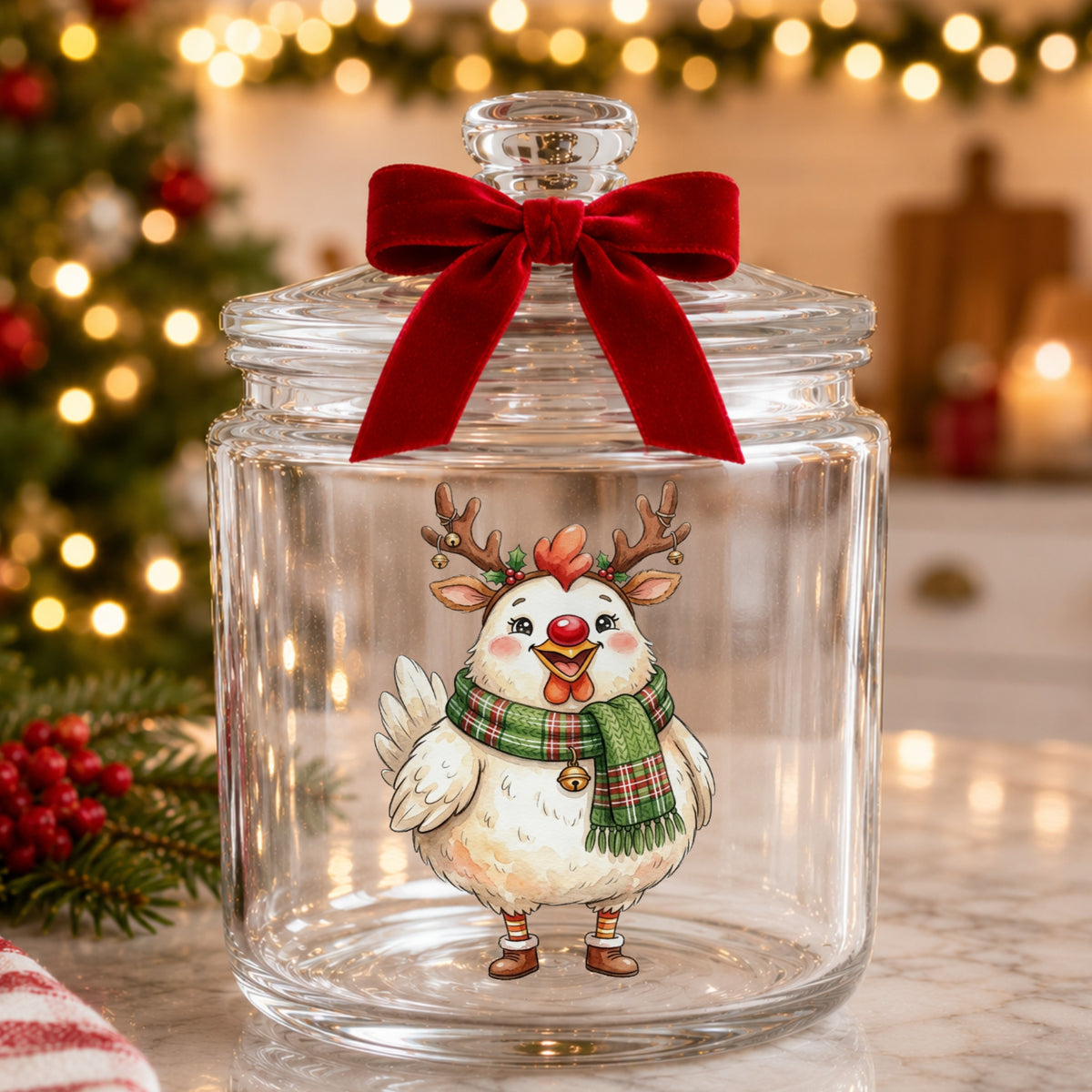 Reindeer Antler Chicken With Red Nose UV DTF sticker applied to a glass candy jar tied with a red bow