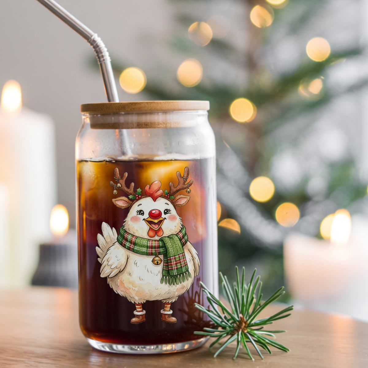 Reindeer Antler Chicken With Red Nose UV DTF sticker applied to a glass can cup of iced coffee with a straw