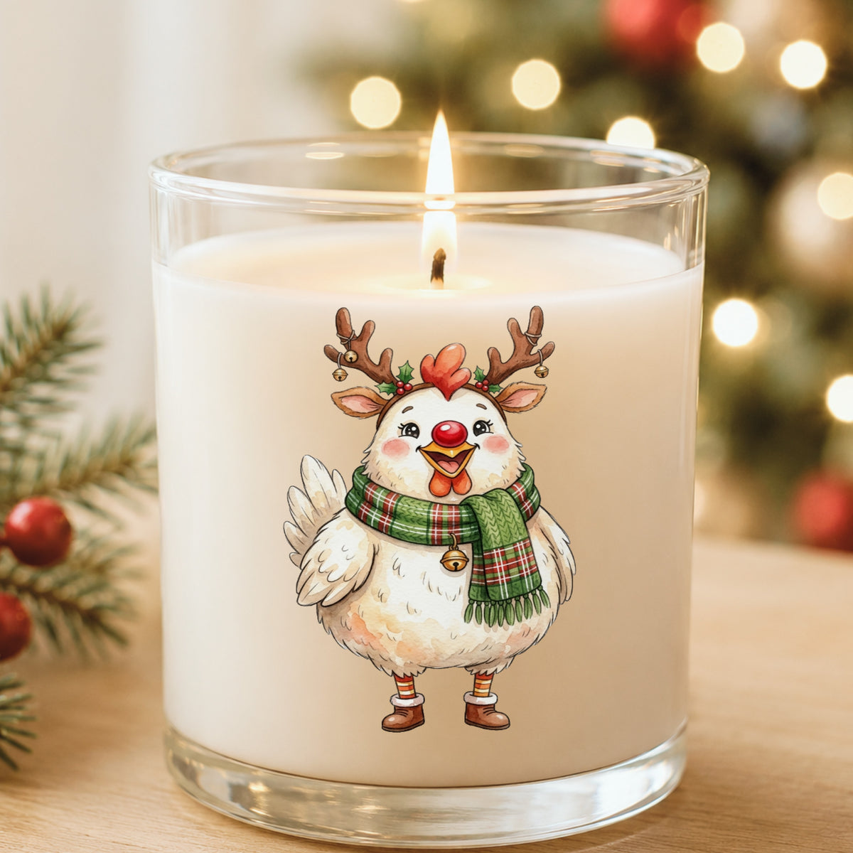 Reindeer Antler Chicken With Red Nose UV DTF sticker applied to a white candle in a glass holder near Christmas lights