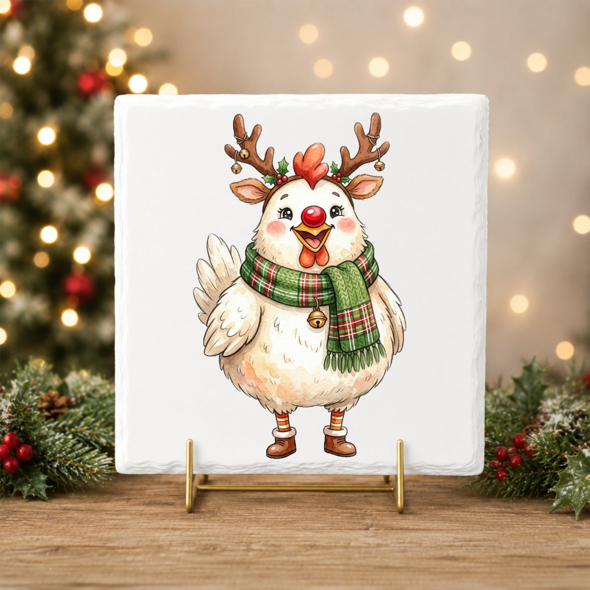 Reindeer Antler Chicken With Red Nose UV DTF sticker applied to a white tile on a gold stand