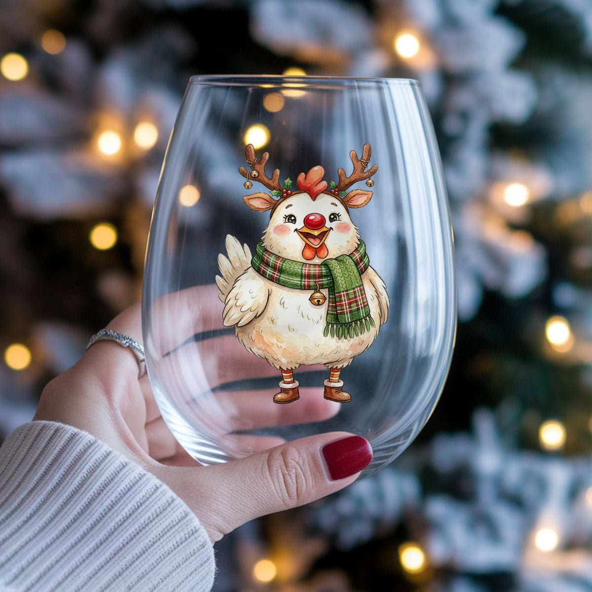 Reindeer Antler Chicken With Red Nose UV DTF sticker applied to a stemless wine glass held in hand