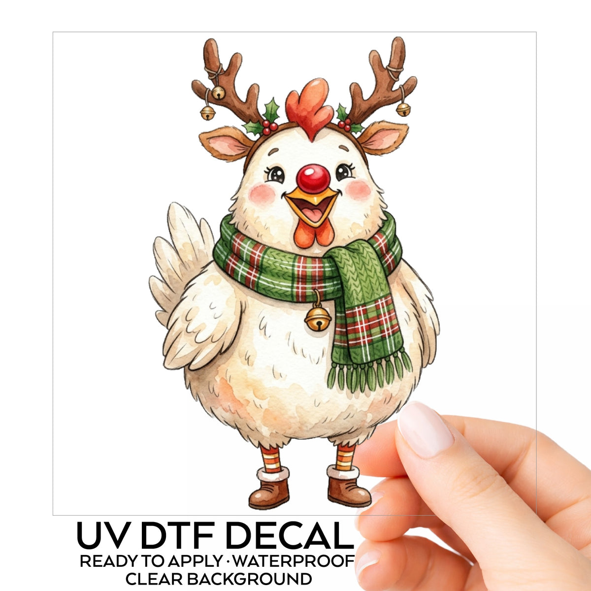 Reindeer Antler Chicken With Red Nose UV DTF sticker on its backing card, held in hand