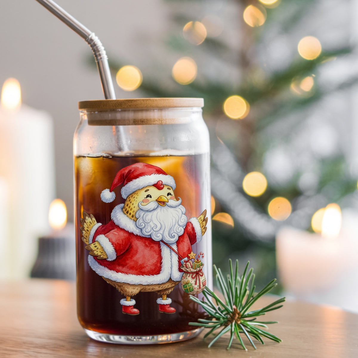 Chicken Dressed As Santa Claus UV DTF sticker applied to a glass can cup of iced coffee with a straw