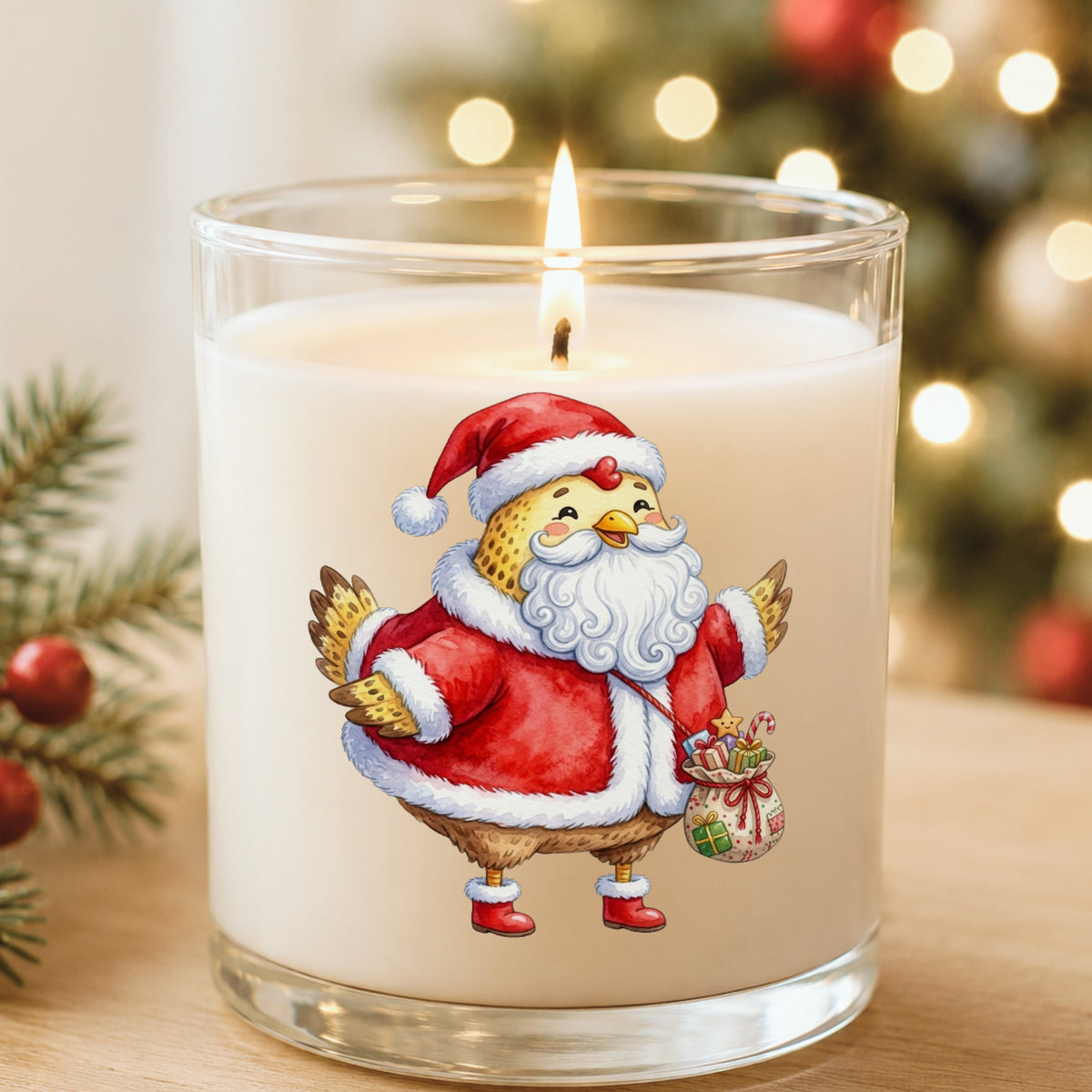 Chicken Dressed As Santa Claus UV DTF sticker applied to a white candle in a glass holder near Christmas lights