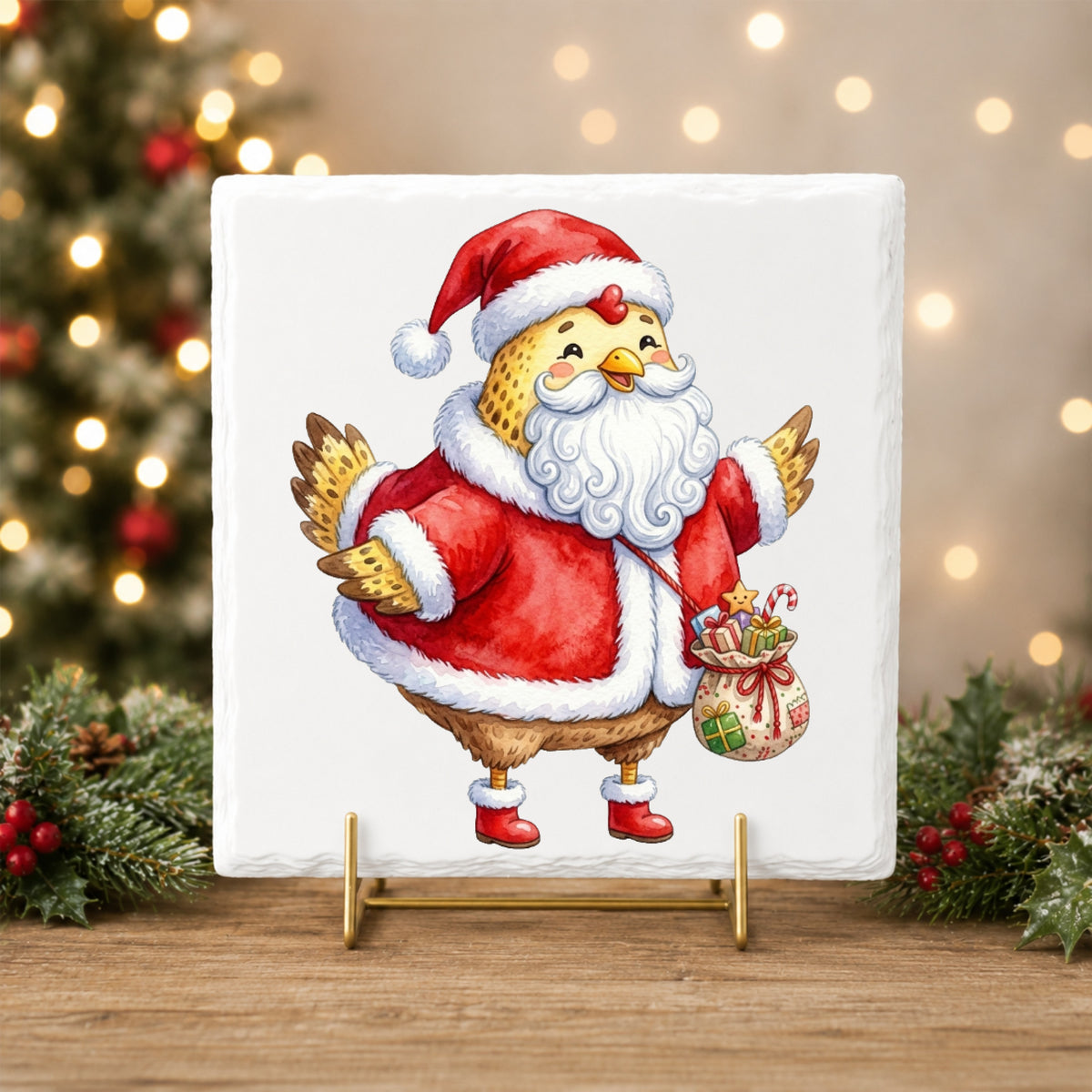 Chicken Dressed As Santa Claus UV DTF sticker applied to a white tile on a gold stand