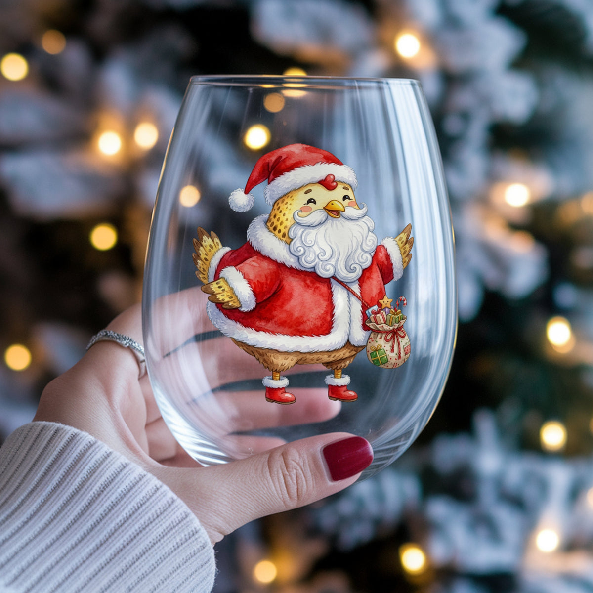 Chicken Dressed As Santa Claus UV DTF sticker applied to a stemless wine glass held in hand