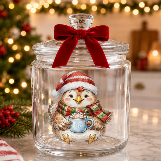 Chicken Holding Hot Cocoa Mug UV DTF sticker applied to a glass candy jar tied with a red bow