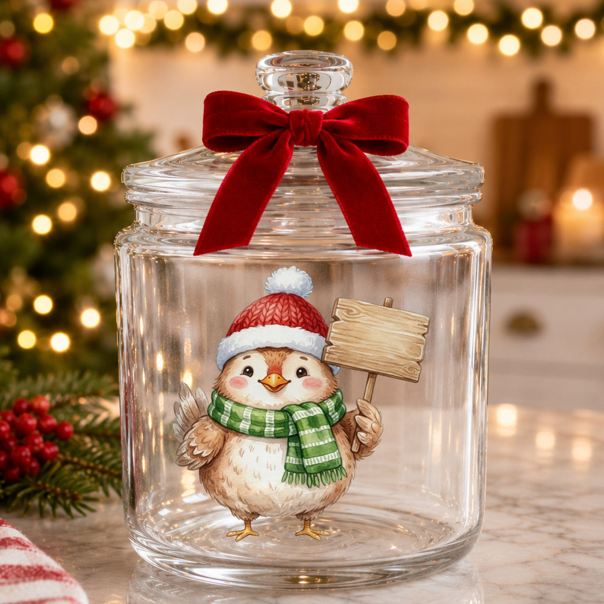 Chick With Blank Wooden Sign UV DTF sticker applied to a glass candy jar tied with a red bow