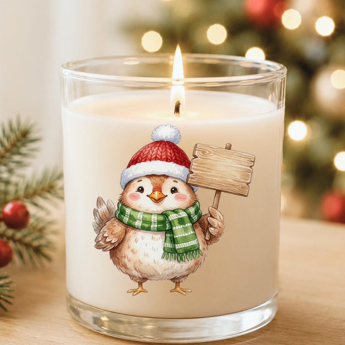 Chick With Blank Wooden Sign UV DTF sticker applied to a white candle in a glass holder near Christmas lights