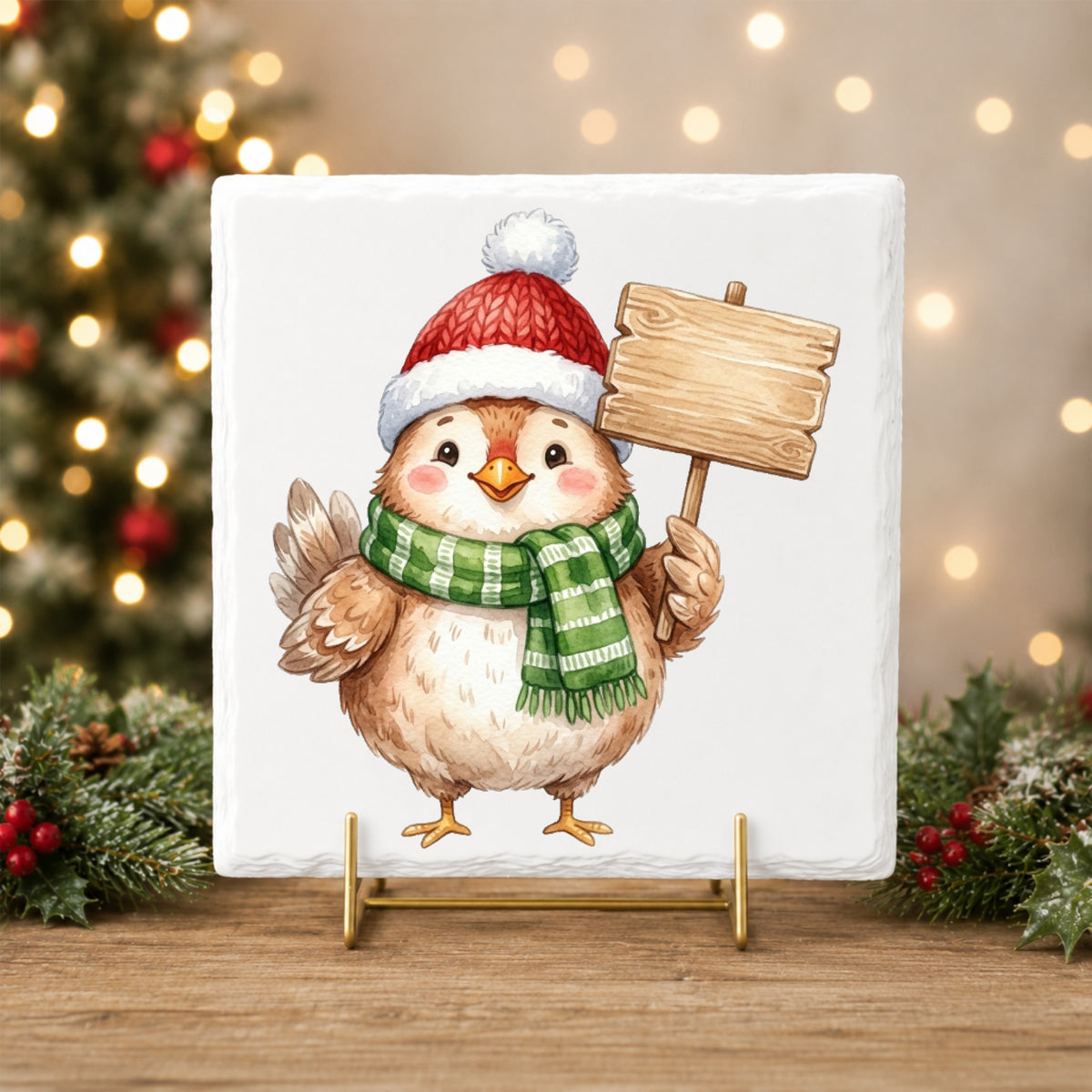 Chick With Blank Wooden Sign UV DTF sticker applied to a white tile on a gold stand