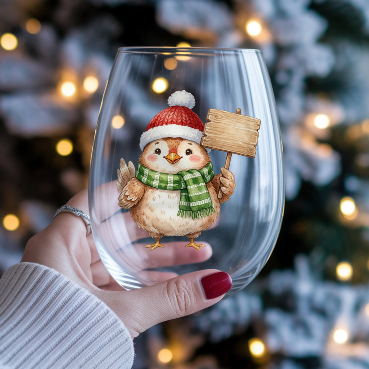 Chick With Blank Wooden Sign UV DTF sticker applied to a stemless wine glass held in hand