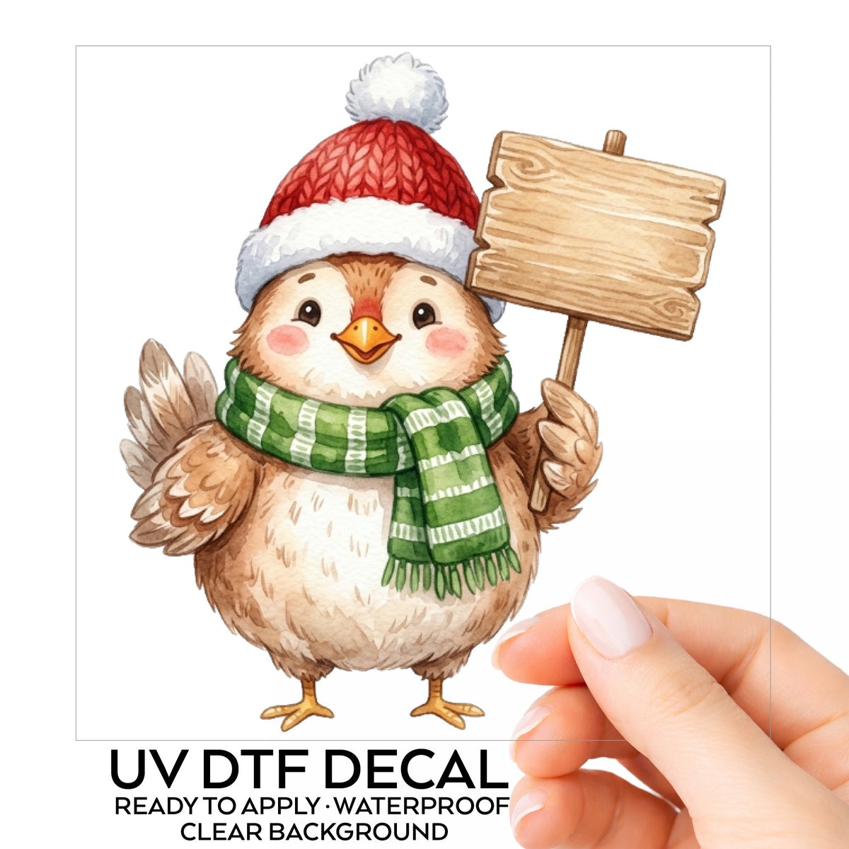 Chick With Blank Wooden Sign UV DTF sticker on its backing card, held in hand