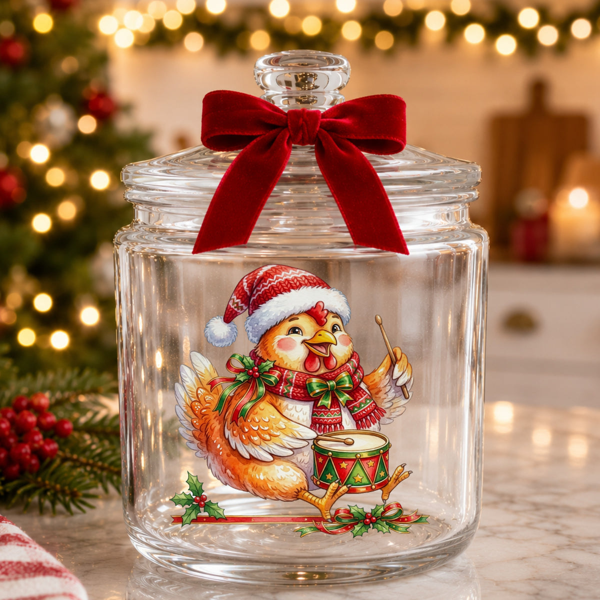 Rooster Playing Christmas Drum UV DTF sticker applied to a glass candy jar tied with a red bow