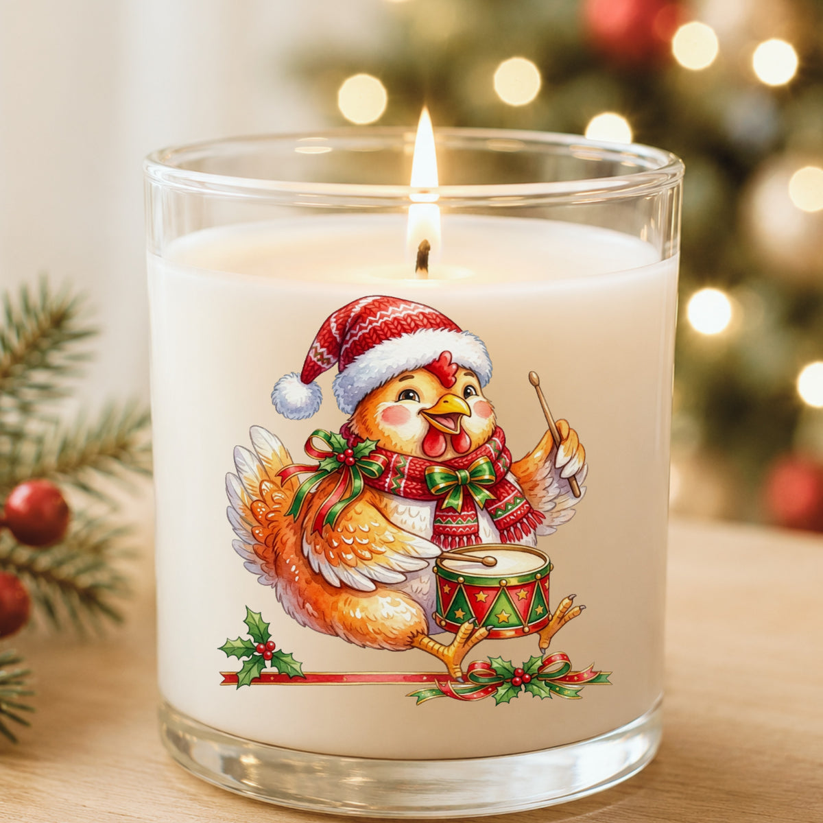 Rooster Playing Christmas Drum UV DTF sticker applied to a white candle in a glass holder near Christmas lights