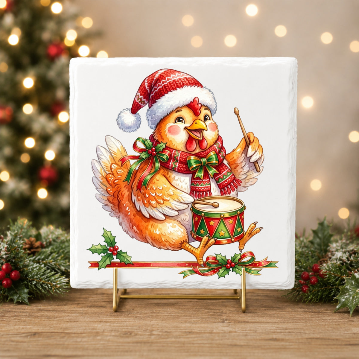 Rooster Playing Christmas Drum UV DTF sticker applied to a white tile on a gold stand