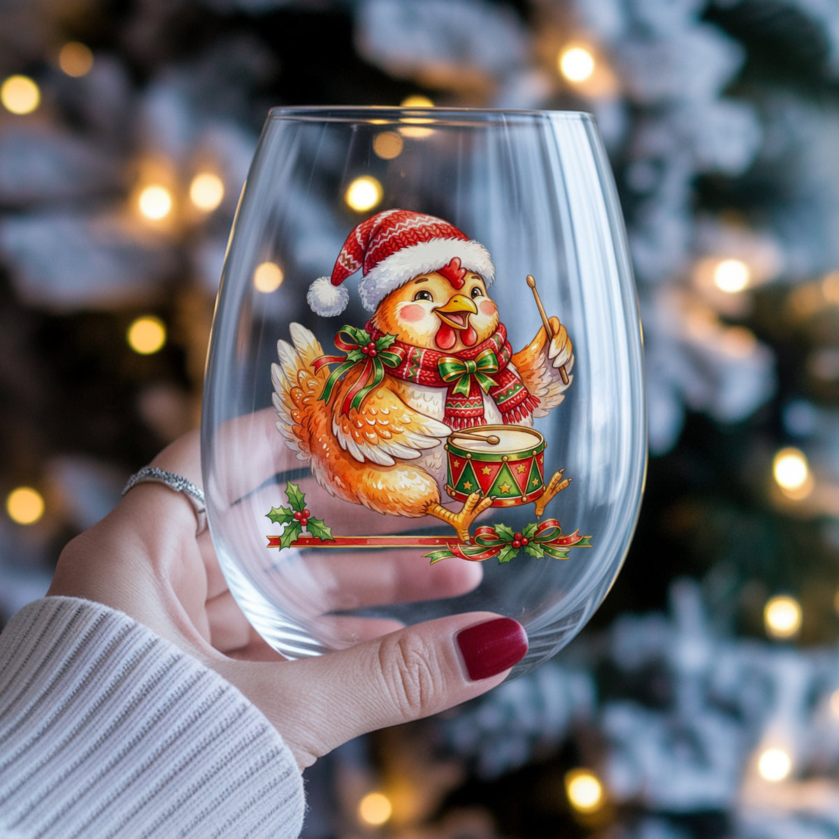 Rooster Playing Christmas Drum UV DTF sticker applied to a stemless wine glass held in hand